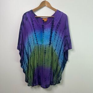 Sakkas Tie Dye Boho Top Free Size 100% Cotton Purple Blue Green Embroidered